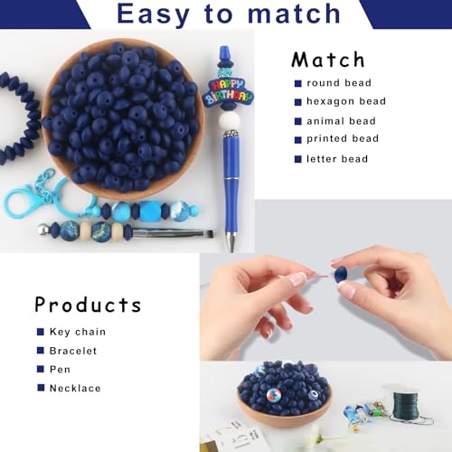 Sunrony 200Pcs Silicone Lentil Beads for Keychain Making, Bulk 12mm Silicone Abacus Spacer Beads for Necklace Bracelet Making Pens(Navy Blue) - color: D-Navy blue