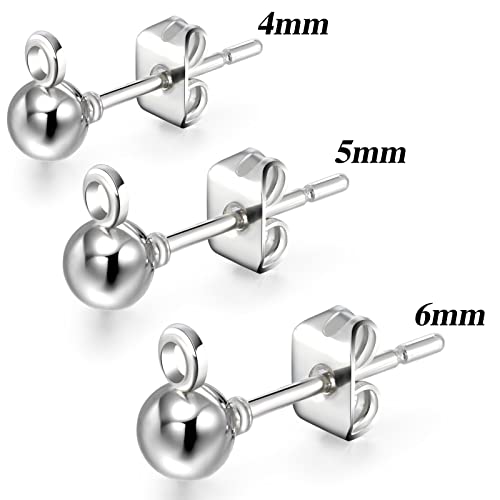 180 Pieces Ball Post Earring Stud with 200 Pieces Butterfly Back Earrings with Loop for DIY Jewelry Making Findings, 4 mm 5 mm 6 mm(Sliver) - color: Sliver