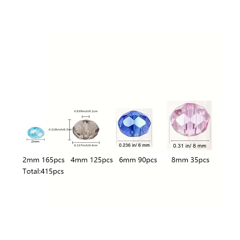 415pcs Rondelle Crystal Glass Beads 2mm 4mm 6mm 8mm Mixed Sizes, Faceted Briolette Spacer Czech Seed Loose Beads for DIY Jewelry Making (Mix 2) - color: Mix 2