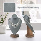 MOOCA 2 Pcs Set Necklace Chain Jewelry Display Holder, Jewelry Stand, Necklaces Display Mannequin Bust Stand, Wood Sturdy Base, Grey Suede with Walnut Base - color: 2-Pcs Grey Suede with Walnut Base