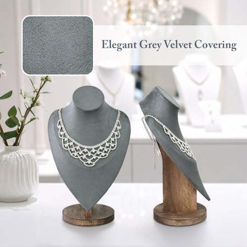 MOOCA 2 Pcs Set Necklace Chain Jewelry Display Holder, Jewelry Stand, Necklaces Display Mannequin Bust Stand, Wood Sturdy Base, Grey Suede with Walnut Base - color: 2-Pcs Grey Suede with Walnut Base