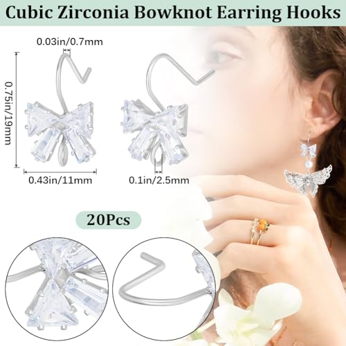 Beebeecraft 1 Box 20Pcs Cubic Zirconia Bowknot Earring Hooks Bow Ear Wires Earrings Findings with Loop for Jewellery Making Accessories DIY Earrings Craft - color: Silver Bowknot Earring Hooks