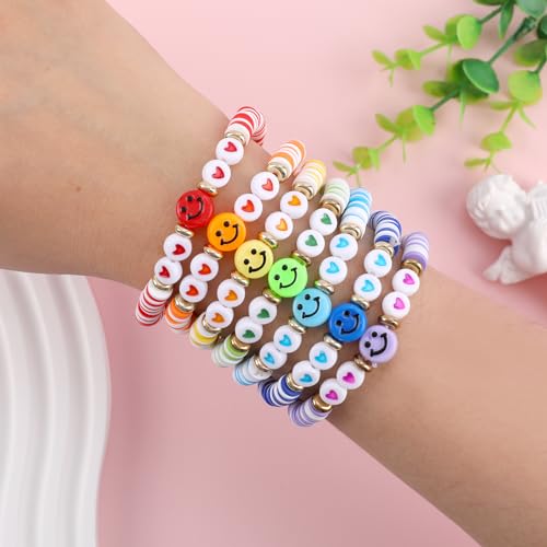 Rainbow Heishi Surfer Bracelets Set for Women Stackable Clay Beaded Bracelets Disc Stretch Preppy Bracelets Layering Colorful Friendship Bracelets Team Cheer Bulk Boho Summer Beach Jewelry Gift - style: Smiley Face with Heart