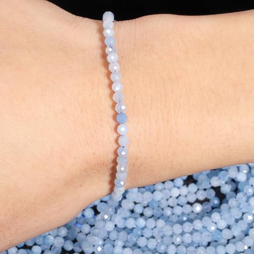 90pcs 4mm Natural Aquamarine Gemstone Beads Faceted Round Loose Stone Beads for Jewelry Making - color: Aquamarine, size: 3.7-4.2mm