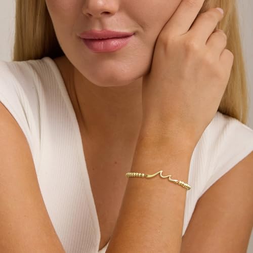 Mothers Day Gifts - Beaded Bracelets for Women 14K Silver Gold Plated Stretch Handmade Ball Bracelets Cute Charm Bracelet Dainty Stackable Cross Heart Bow Wave CZ Circle Trendy Jewelry Easter Gifts - color: wave