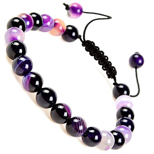 MASSIVE BEADS Natural Healing Power Gemstone Crystal Beads Unisex Adjustable Macrame Bracelets - color: Agate Purple, size: 8mm