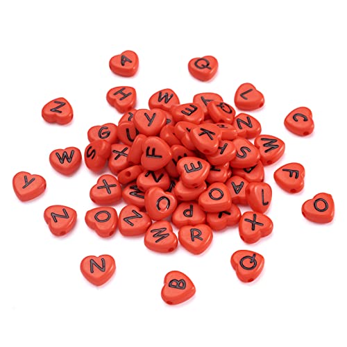 Cheriswelry 100pcs Heart Shape Acrylic Letter Alphabet Beads Opaque Red Black Letter Pony Loose Spacer Beads 10.5x11.5mm for DIY Craft Earring Bracelet Necklace Jewelry Making Supplies - color: Red Heart Letter Beads