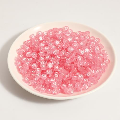 1200pcs 4×7mm Alphabet Beads Transparent Pink Round Acrylic White Letter Beads, for Bracelets and Jewelry Making - color: style 17, size: 4×7mm(Round)