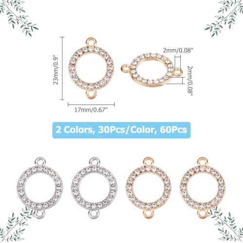 60pcs 14k Gold Connectors Charm Alloy Connector Charm 0.9 Inch Flat Round Link Charm Crystal Rhinestone Connector with Double Loops for Bracelet Earring Jewellery Making
