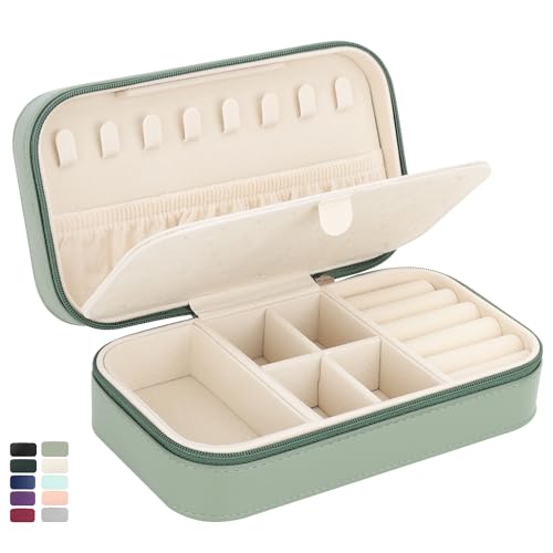 DesignSter Travel Jewelry Box, PU Leather Portable Jewelry Case, Small Jewelry Boxes for Gifts, Travel Jewelry Organizer for Women Rings Earrings Necklaces Bracelets (Avocado Green) - color: Avocado Green
