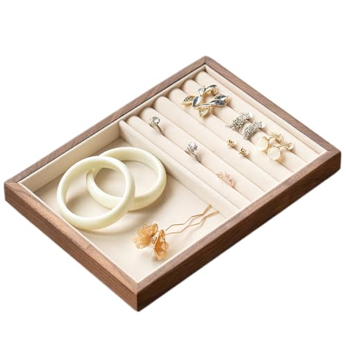 Black Walnut Wooden Jewelry Tray Organizer with Velvet Lining - Jewelry Storage & Display Tray for Rings, Earrings, Bracelets, Watches - Multi-Functional Drawer Organizer (1 Grid + 5 Line) - color: 1grid+5 Line