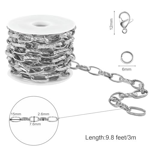 SMYHTGLIF 3 Meters Stainless Steel Chain Bulk Silver Unwelded Paperclip Chain for Jewelry Making Embossed Oval Link Jewelry Making Supplies - color: Embossed Paperclip Silver