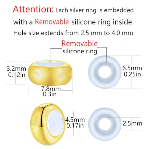 Clip Stopper Charms Sterling Silver Rondelle Spacer Bead for Bracelets (Silver) - color: Golden