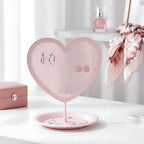Earring Holder for Girls – Heart-Shaped Pink Metal Stand Jewelry Organizer with Tray for Rings & Bracelets, Cute Vanity Display for Teen Room Decor