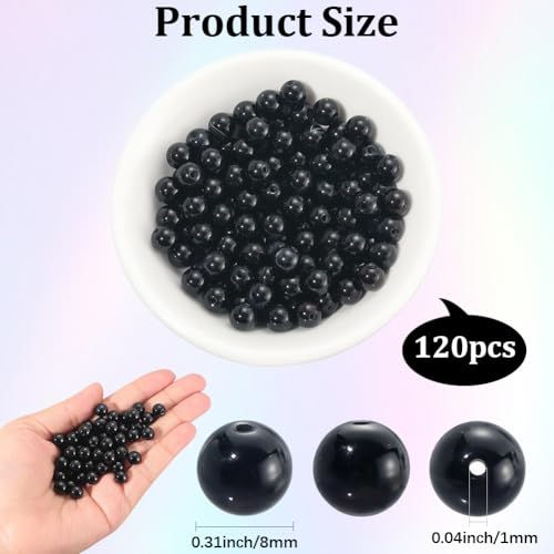 1 Box 8MM 120PCS Black Onyx Beads with Holes Natural Agate Round Gemstone Polished Stone Smooth Loose Spacer Bead Bulk for Jewelry Making Earrings Bracelet Necklace Decor DIY Craft Supply