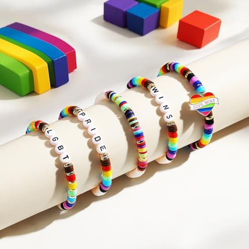 Emibele Colorful Stretch Bracelet Stack Boho Beaded Bracelet Set Heishi Surfer Bracelet Stackable Y2K Trendy Jewelry Friendship Multiple Set Women Fans - style: Rainbow