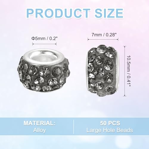 uxcell 50Pcs European Large Hole Beads, Rhinestone Craft Bead Crystal Charm Spacer Beads for Pens Bracelet Making Necklace DIY Craft, Grey - color: Grey