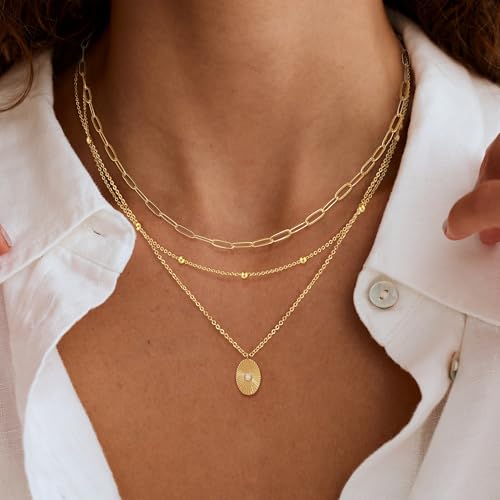 Layered Necklaces for Women, Dainty 14K Gold Plated Circle Peadant Chain Necklace Set Simple Paperclip Stacked Necklaces for Women Trendy Gold Jewelry - color: set4