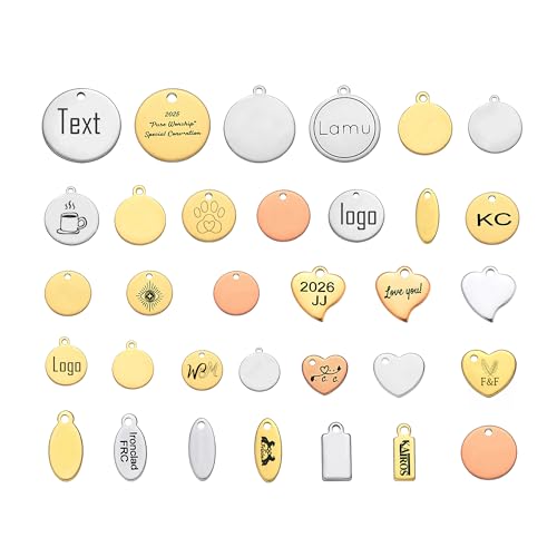 MeiceM 30/100Pcs Custom Charms,Personalized Engraved Stainless Steel Charm,Custom Logo Tags for Crafts,Stamping Blanks Tags,Charms for Bracelet Necklace with Jump Rings