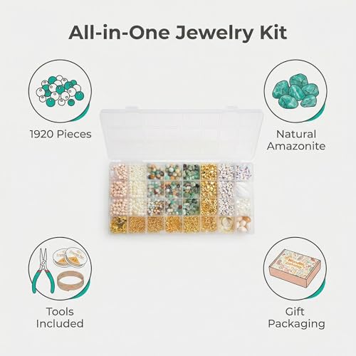 Imaginovelty 1920PCS Jewelry Making Kit with Natural Amazonite Stone Beads, Irregular Chips & Crystal Beads for Bracelets,Necklaces Earrings, Complete DIY Craft Set with Pliers & Gift Box
