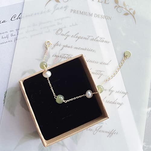 Natural Hetian Jade & Pearls Beaded Necklace Bracelet Jewelry for Women, Lucky Green Jade White Pearl Charm Adjustable Chain Jewelry Gift for Mom Lover her - color: Bracelets