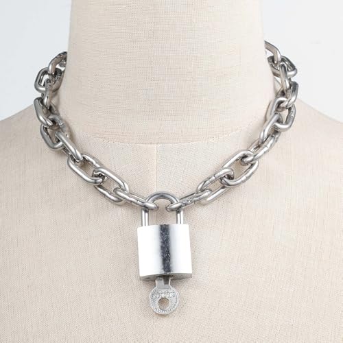 Heavy Chunky Stainless Steel Lock Necklace punk gothic Padlock Choker Chain for Men Jewelry - size: 17.8, style: 4MM