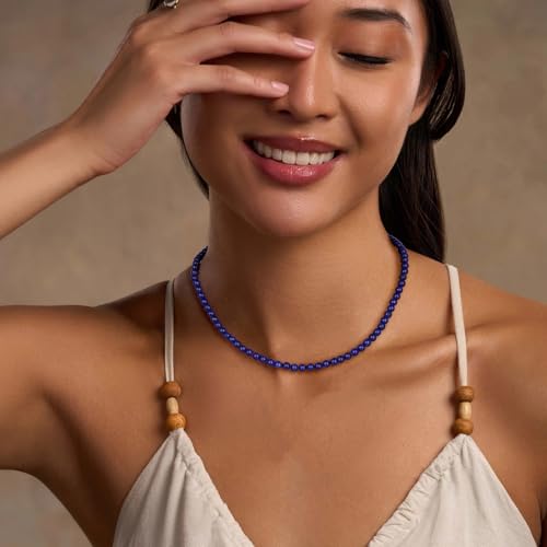 Crystal Choker Necklaces for Women,4mm Handmade Natural Stone Choker Beaded Necklace Healing Crystal Necklace Gemstone Bead Necklaces for Women - color: Lapis Lazuli