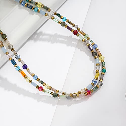 Plumiss Boho Handmade Natural Jasper Stone Beaded Crystal Mixed Strand Short Necklace for Women Girl - color: Crystal