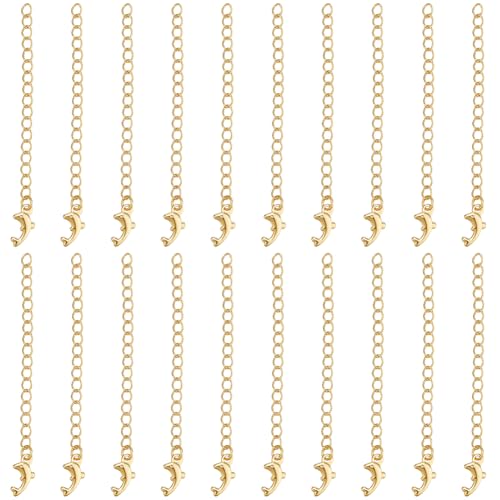 Beebeecraft 1 Box 20Pcs Golden Chain Extender Bulk Real 18K Gold Plated Brass Metal Dolphin Shaped Charm Extension Curb Chains Tails for Jewelry Making Necklaces Bracelets DIY Crafts Supplies - color: Gold-dolphin