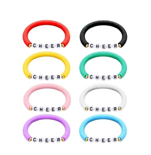 DATOA 8Pcs Cheer Bracelet Stackable Clay Beaded Bracelets Disc Stretch Preppy Bracelets Colorful Cheerleading Jewelry Gift for Cheer Team - color: Colorful
