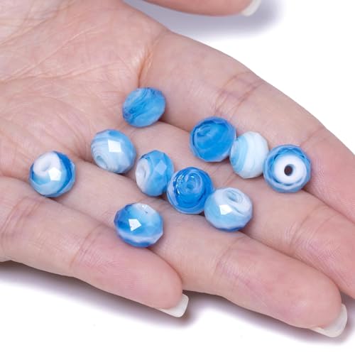 7.5×10mm 50pcs Light Blue White Faceted Lampwork Glass Beads for Jewelry Making, Flat Round Handmade Murano Beads for Bracelets, Crafts, Friendship Bracelet Kit, Rosary Making - color: Light Blue White