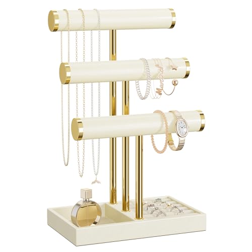 bussdis 3 Tier Bracelet Holder Display - Beige Leather Bracelet Holder, Detachable T Bar Jewelry Holder Organizer for Bracelet, Necklace, Earrings, Rings, Watches, Bangle - color: Beige