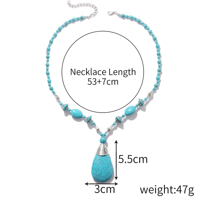 Boho Turquoise Long Beaded Necklace Natural Stone Pendant for Women Vintage Ethnic Alloy Turquoise Western Pendant Jewelry-A