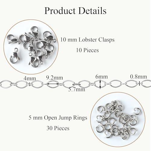 Jabogrii 5 Meters Silver Rhombic Chain for Jewelry Making Stainless Steel Chain Roll Bulk with Lobster Clasps and Jump Rings - color: Rhombic Silver