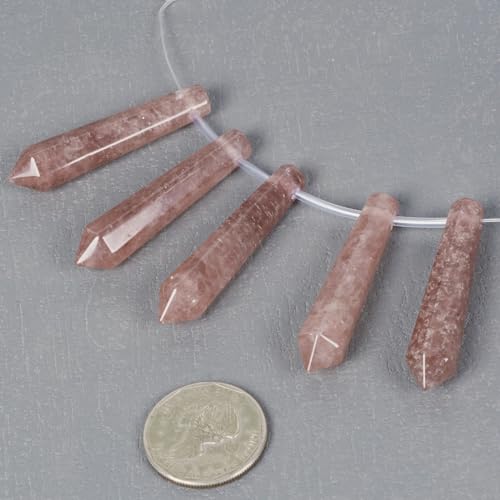 50mm Natural Strawberry Quartz Hexagonal Wand Jewelry Making Crystal Pointed Chakra Reiki Healing Beads 2mm Hole Drilled(Pack of 5) - color: Strawberry Quartz