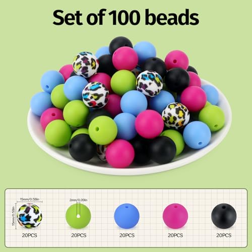 100 Pcs 15mm Silicone Beads for Keychain Making, Pink Gream Silicone Beads Bulk Round for Bracelets Pens Crafts Jewelry Making (Black Red) - color: Black Red