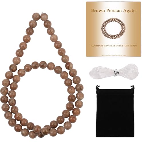 Stone Beads, 60pcs Brown Persian Agate, 6mm Round Loose Beads for Jewelry Making, Bracelets, with Bag, String & Card - color: Brown Persian Agate, size: 6mm