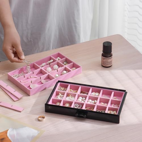 YUFONG Earring Organizer Box Acrylic Jewelry Organizer with 3 Drawers 54 Adjustable Grids Clear Stackable Earring Holder Velvet Trays Ring Display Case for Women Girls (Black Pink) - color: Black Pink