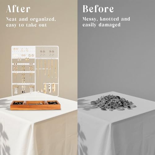 Jewelry Holder Organizer Stand, 4 Tier Earring Organizer with 84 Holes Ear Stud, Jewelry Display with Earring Necklace Bracelet Holder, Jewelry Organizer Holder with Wood Basic stand (White+Brown) - color: White+Brown