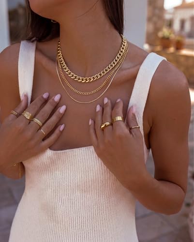 Freekiss Women's Layered Necklace Set - 3 Piece Dainty Gold Jewelry for Everyday Stacking | 14K Gold Plated Snake Chain, Rope Chain, Cuban Chain | Adjustable Length 14-18.5 Inch | Gift Ready - color: Gold, style: 8mm Cuba+Box Chain+2.5 Cuba