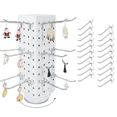 Rotating Pegboard with 20 Peg Hooks 4-Sided Pegboard Spinning Display Stand 4 x 4 x 12 Inches, Keychain Display Stand for Retail Display, Earring Display (White) - color: White