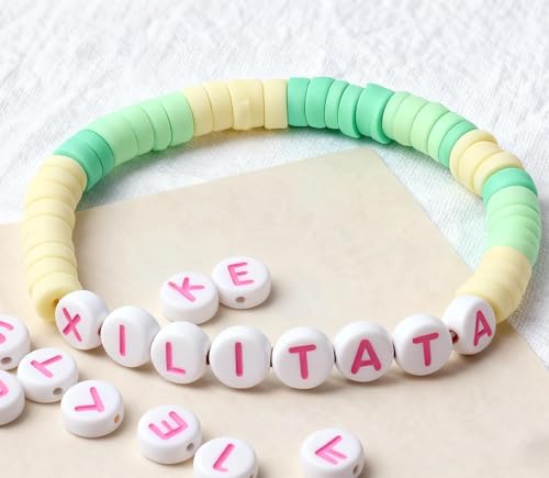 Pink Letter Beads Alphabet Letters White Round Bead, 4x7mm 1200pcs, Pink Beads for Bracelets Friendship Bracelets Making Kit Beads with Box - color: Pink Letter White Bead, size: 4×7mm(Round)