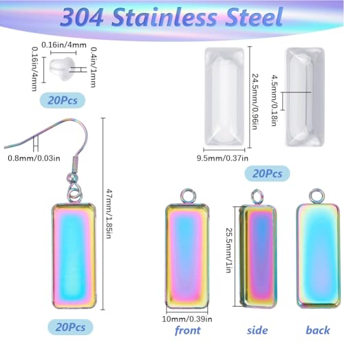 1 Box 20Pcs Rainbow Earring Bezel Blank 10x25mm Rectangle Bezel Pendant Trays with Glass Cabochons Settings Stainless Steel Earring Wire Hooks Accessories for DIY Earrings Jewelry Making - style: Style 4