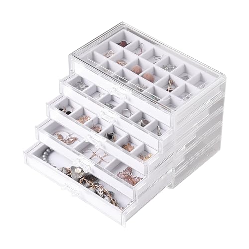 Frebeauty Acrylic Jewelry Organizer Earring Organizer Box with 5 Drawers Earring Holder Organizer with Velvet Trays Clear Jewelry Box for Women Earring Display for Rings Studs(White) - color: White