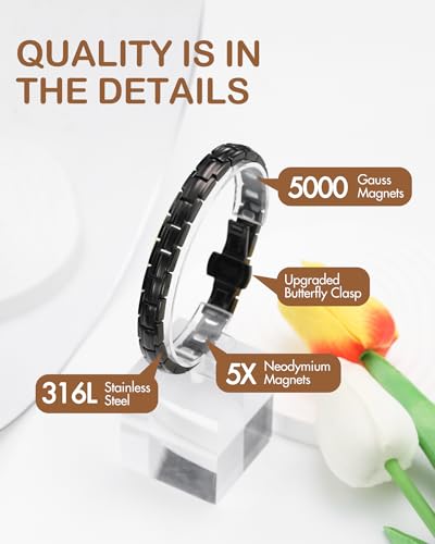 Feraco 5X Strength Magnetic Bracelets for Women, Stainless Steel Magnet Bracelet with Ultra Powerful 5000 Gauss Magnets, Upgraded Butterfly Clasp, Adjustable Jewelry Gift - color: Dark Black