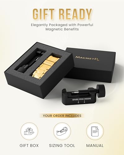 MagnetRX® 3x Strength Magnetic Bracelets for Men – Effective Magnetic Mens Titanium Bracelet – Premium Fold–over Clasp & Adjustable Length with Sizing Tool & Gift Box (Gold) - color: Gold (3X Strength)