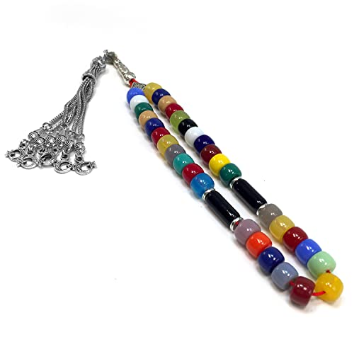 Simple Designed Natural Stone Worry Beads - Prayer Beads Tesbih-Tasbih-Tasbeeh-Misbaha-Subha-Sebha-Sibha-Rosary (Multi Color Resin Drum -8X6 mm- 33 Beads) - color: Multi Color Resin Drum -8X6 mm- 33 Beads