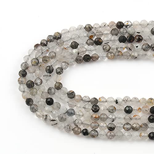 Song Xi 90pcs 4mm Natural Black Rutilated Quartz Gemstone Beads Faceted Round Loose Stone Beads for Jewelry Making - color: Black Rutilated Quartz, size: 3.7-4.2mm
