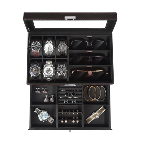Jewelry Box for Men, 6 Slot Watch Box Jewelry Organizer With Drawer, Watch Case for Men with Large Window, 2-Layer Watch Holder, Sunglasses Storage Organizer, Velvet Lining, PU Leather, Gift Idea - color: Black