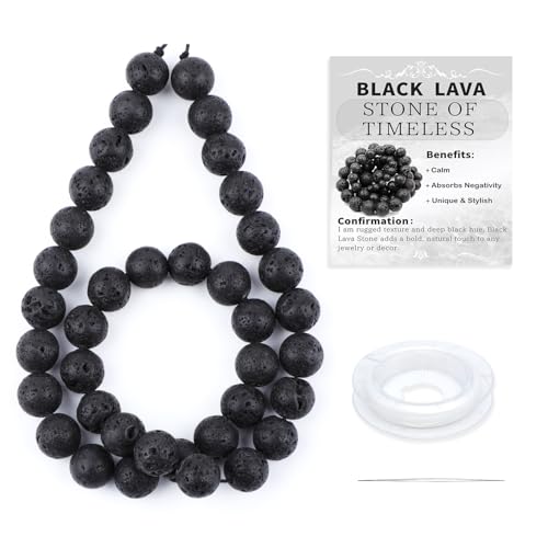 Natural Stone Beads Round Genuine Real Stone Beading Strand Loose Gemstones DIY Smooth Bead for Bracelet Necklace Earrings Jewelry Making (Black Lava, 10mm 36 Pieces) - color: Black Lava, size: 10mm 36pcs